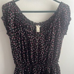F21 Mini Length Floral Dress Black/Pink/White with Peasant Blouse Top SzM Summer